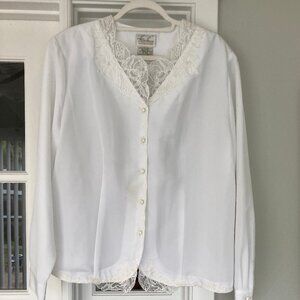 Kathi Lee Vintage White Long Sleeve Lace Trim Blouse 14/16
